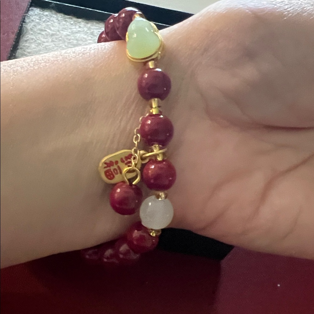 #1343=Red Beaded Stretch Bracelet with Jade Charm - Picture 4 of 6